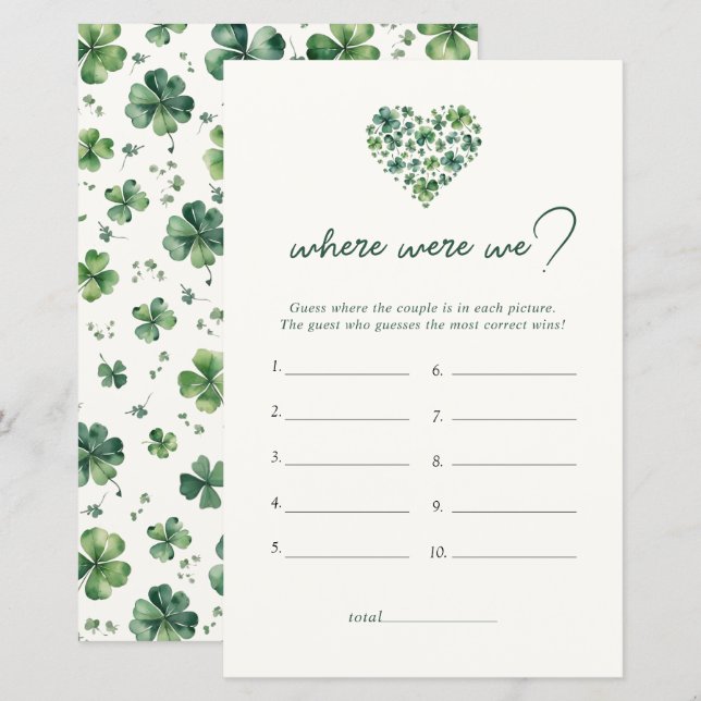 Shamrock Heart Where Were We Bridal Shower Game (Front/Back)