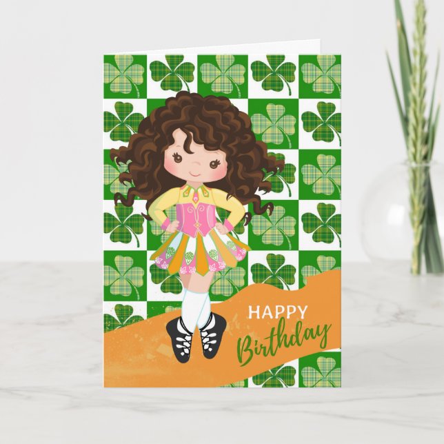 Shamrock Irish Dance Brunette Girl Birthday Card (Front)