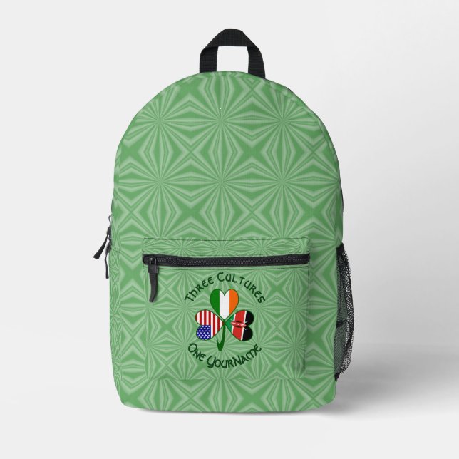 Shamrock Kenya Ireland USA Flags Personalised Text Printed Backpack (Front)