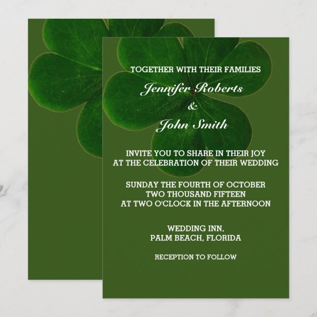 Shamrock Leaf Forest Green Colourful Trendy Weddin Invitation (Front/Back)
