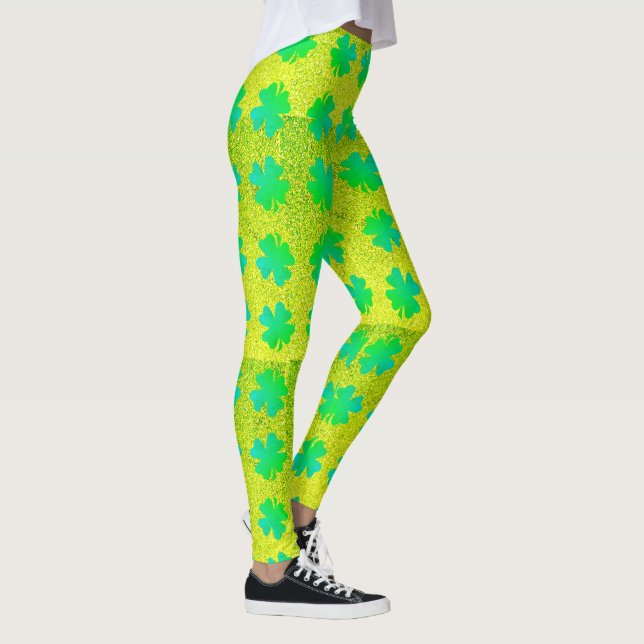 Shamrock Leaves Neon Green Glitter St Patricks Day Leggings (Right)
