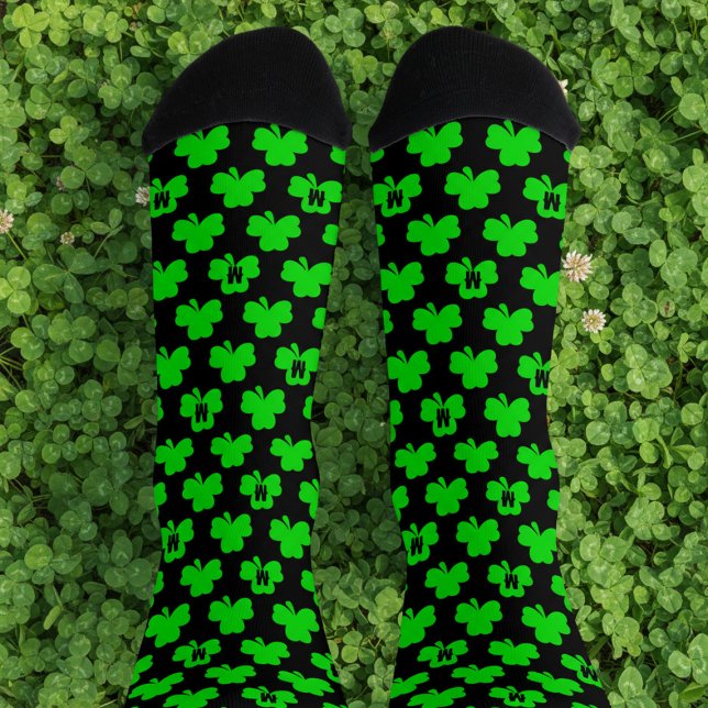 Shamrock Monogram Black St Patrick's Day Socks (Let your feet have the luck of the Irish this St Patrick's Day in a pair of shamrock socks.)