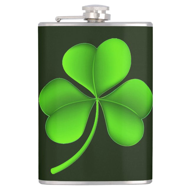 Shamrock on dark green flacnt hip flask (Front)