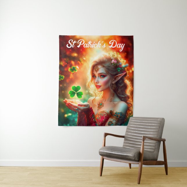 Shamrock pixie girl green clover Ireland bright Tapestry (In Situ)