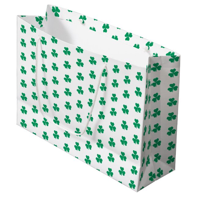 Shamrock St. Patrick's Day Green White Pattern Large Gift Bag (Front Angled)
