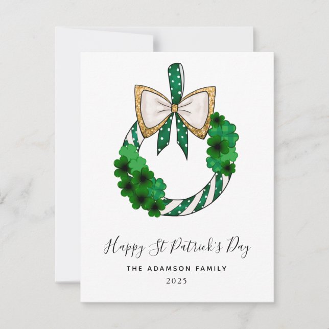shamrock st Patrick's day wreath glitter modern Holiday Card (Front)