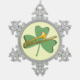 Shamrock Trombone Snowflake Pewter Christmas Ornament