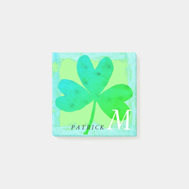 Shamrock Watercolor Green Turquoise Monogram 3x3 Post-it Notes (Front)