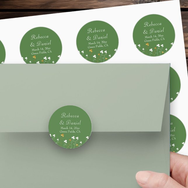 Shamrock Wildflower Green Gold Wedding Classic Round Sticker (Green wedding stickers from my Shamrock Wildflower wedding collection)