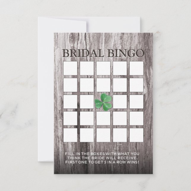 Shamrock Wood Background Bridal Shower Bingo Cards (Front)