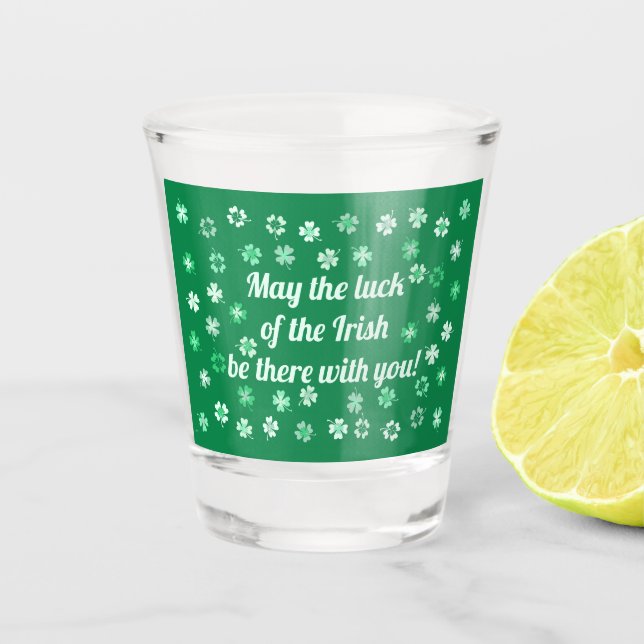 Shamrocks 4-leafed clovers on dark green shot glass (Front)