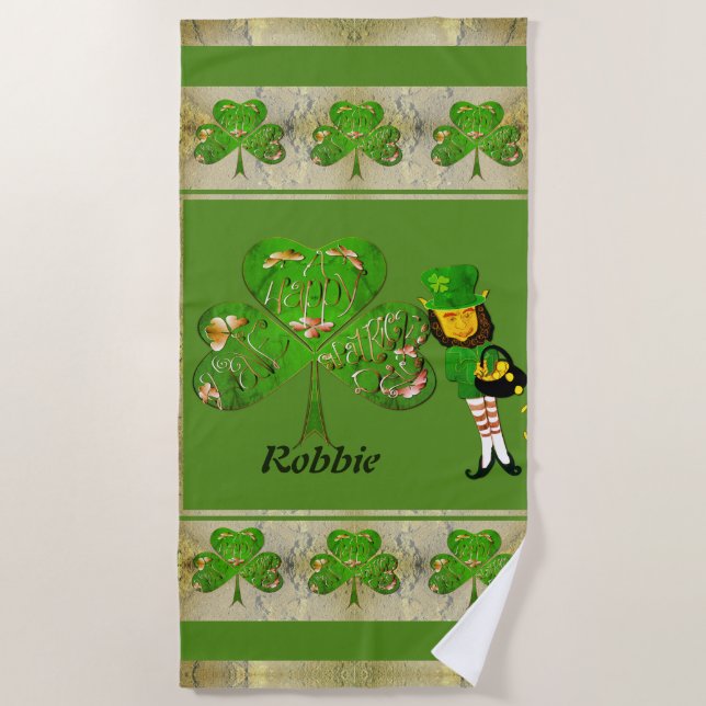 Shamrocks & a Leprechaun  Beach Towel (Front)