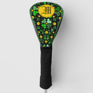 Shamrocks and Gold Coins On Black to Personalise Golf Head Cover