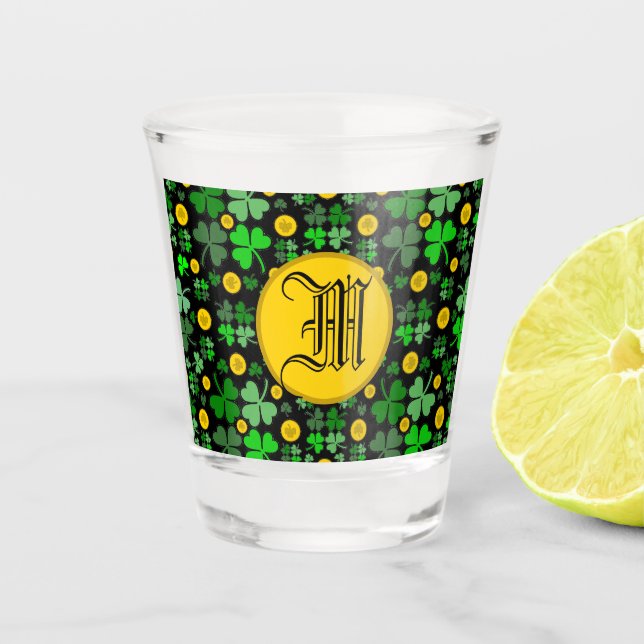 Shamrocks and Gold Coins On Black to Personalise Shot Glass (Front)