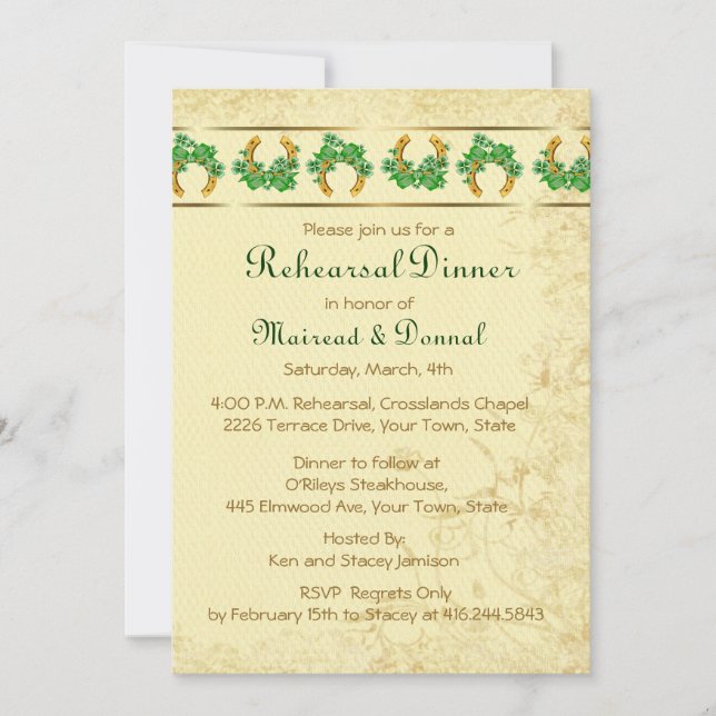 Shamrocks and Gold Irish Rehearsal Dinner Invitation (Front)