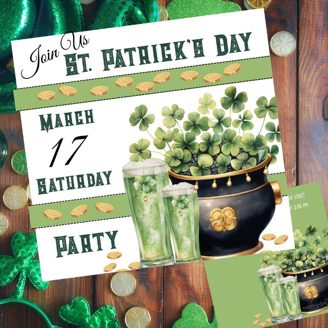 Shamrocks and Green Beer St Patricks' Day Party Invitation (St Patrick's Day customizable party invitation with green beer and a pot of Irish gold. )