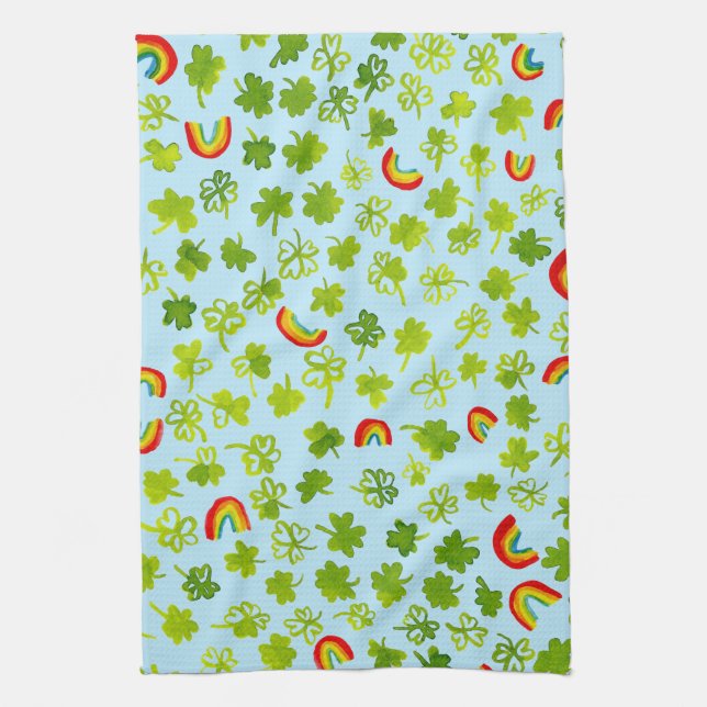 Shamrocks and Rainbows Watercolor Ireland Tea Towel (Vertical)