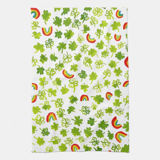 Shamrocks and Rainbows Watercolor Ireland Tea Towel (Vertical)