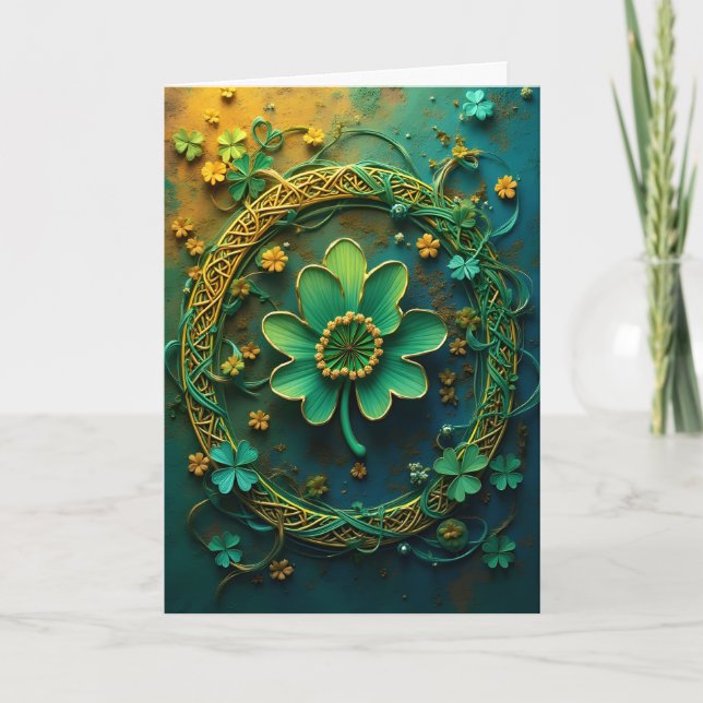 Shamrocks Around a Wreath St. Patrick's Day Holiday Card (Front)