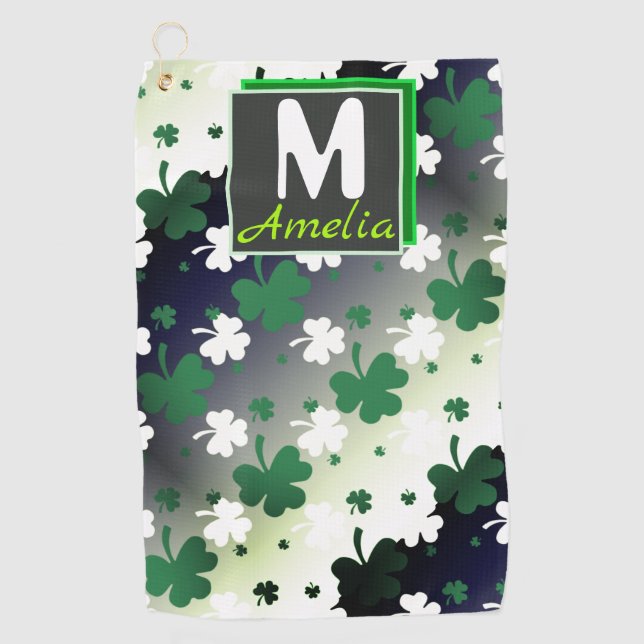 Shamrocks, Green and White on Gradated Field Golf Towel (Front)