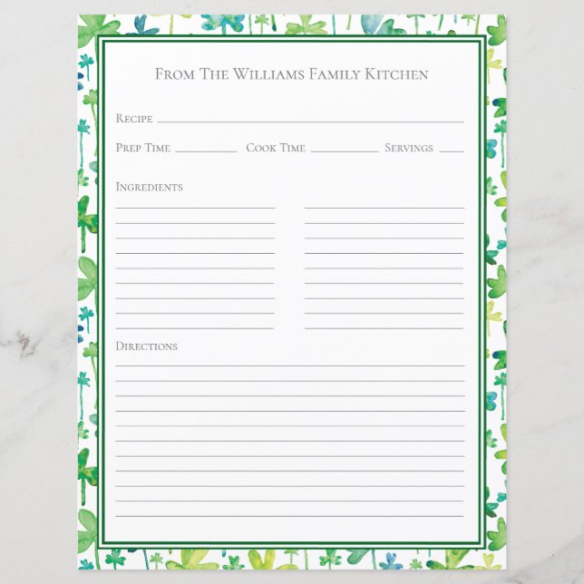 Shamrocks Green White Recipe Paper Sheet (Front)