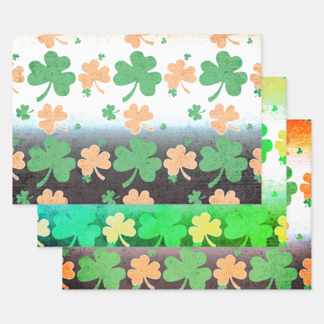 Shamrocks in Distressed Irish Flag Colours Wrapping Paper Sheet (Set)