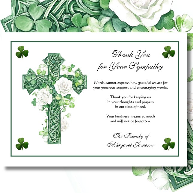 Shamrocks Irish Celtic Cross Roses Condolence  Thank You Card (Creator Uploaded)
