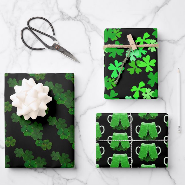 Shamrocks Irish Clover Green Beer Cheers Wrapping Paper Sheet (Front)