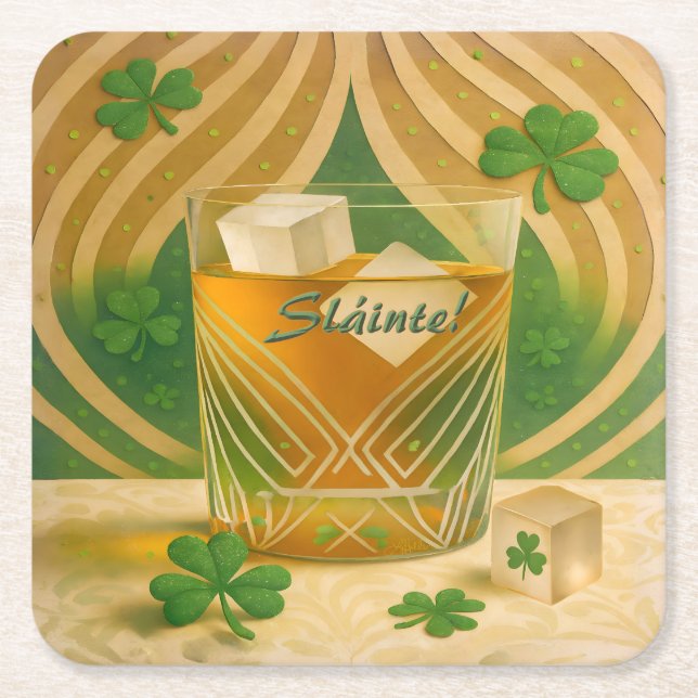 Shamrocks Irish Whiskey Tumbler "Sláinte!" Square Paper Coaster (Front)