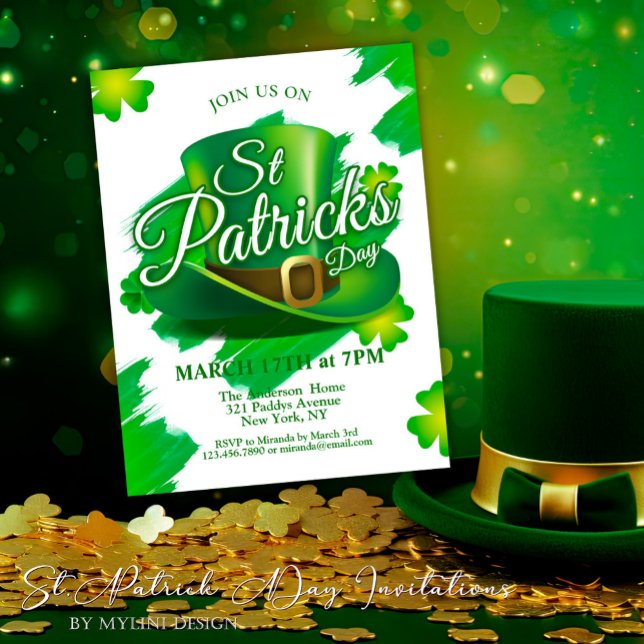 Shamrocks & Leprechaun Hat St. Patrick's Day Party Invitation Postcard (Creator Uploaded)