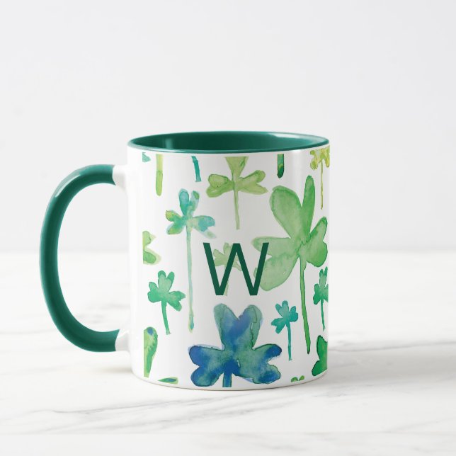 Shamrocks St. Patrick's Day Green Monogram Mug (Left)