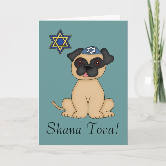 Shana Tova-Cute Jewish Pug Dog Holiday Card (Front)