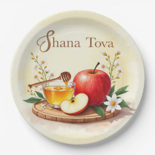 Shana Tova Rosh Hashanah Apple and Honey Flowers Paper Plate