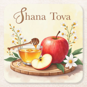 Shana Tova Rosh Hashanah Apple and Honey Flowers Square Paper Coaster