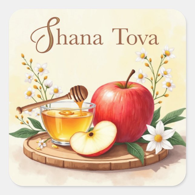 Shana Tova Rosh Hashanah Apple and Honey Flowers Square Sticker (Front)