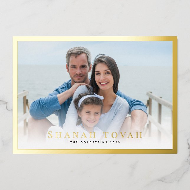 Shanah Tovah Classic Border Photo Gold  Foil Holiday Card (Front)