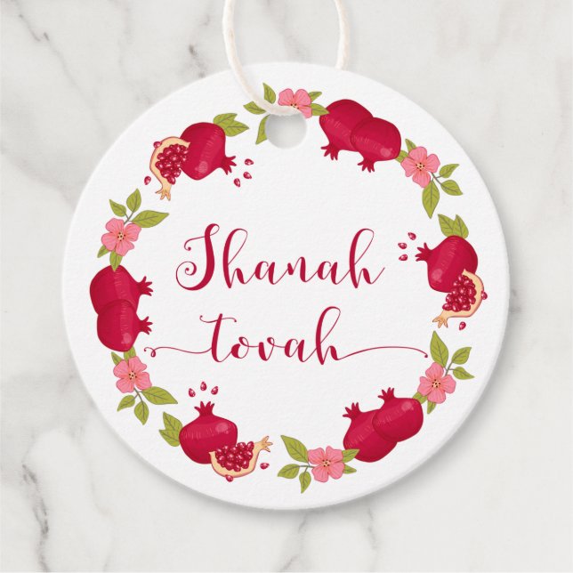 Shanah Tovah New Year Pomegranate Flower Gift Tag (Front)
