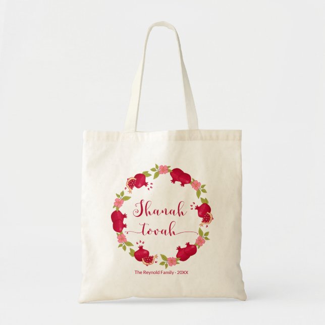 Shanah Tovah New Year Pomegranate Flower Wreath Tote Bag (Front)