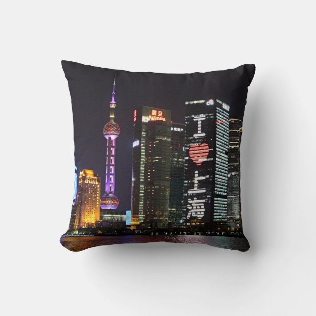 Shanghai at Night, colorful photograph, Cushion (Front)