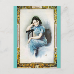 Shanghai Beauty Advertising Model Blue Dress Postcard