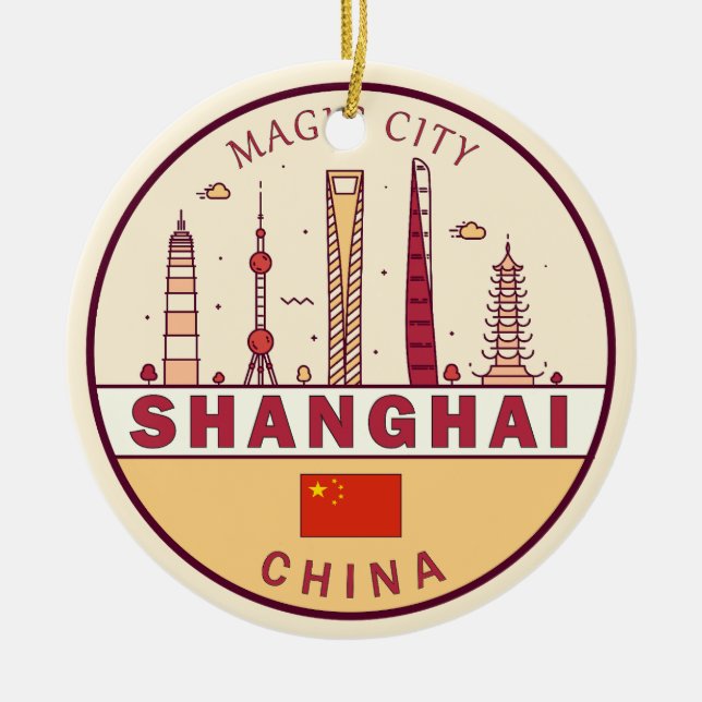 Shanghai China City Skyline Emblem Ceramic Tree Decoration (Front)