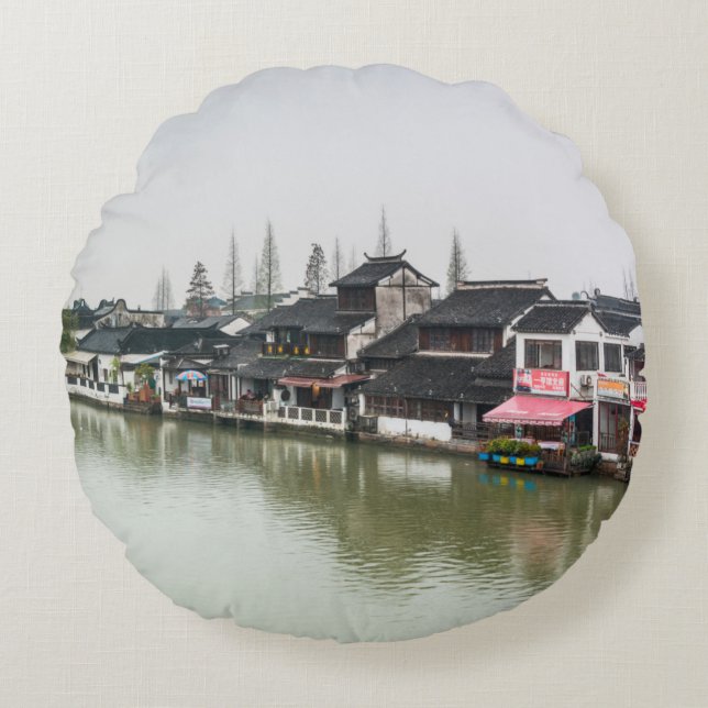 Shanghai, China, Mar 30, 2017, Wooden historic bui Round Cushion (Front)