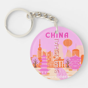 Shanghai China Pink Travel Art Key Ring