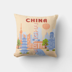 Shanghai China Retro Pastel Travel Art Cushion