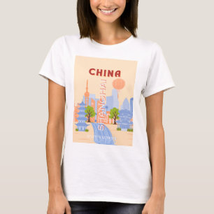 Shanghai China Retro Pastel Travel Art T-Shirt