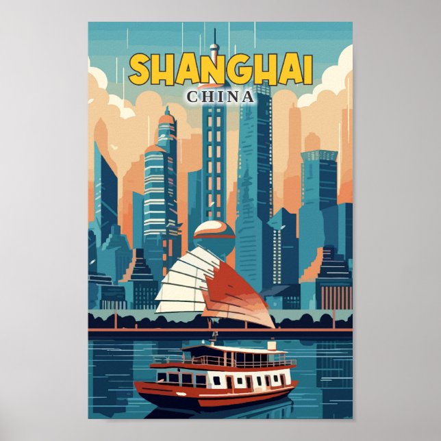 Shanghai China Travel Art Vintage Illustration  Poster (Front)