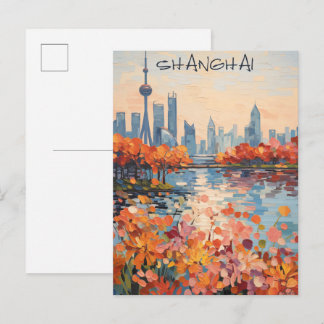 Shanghai China Travel City Painting Aesthetic Postcard