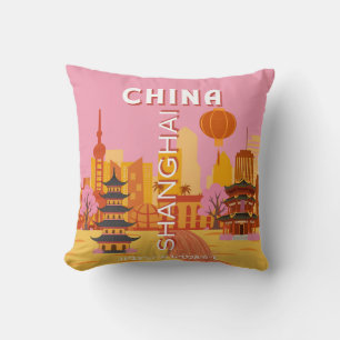 Shanghai China Travel Vintage Poster Cushion