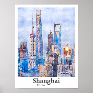 Shanghai China Travel Watercolor Sketch Hand Drawn Poster