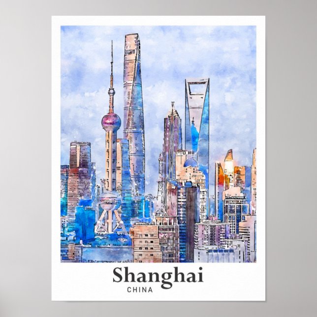 Shanghai China Travel Watercolor Sketch Hand Drawn Poster (Front)